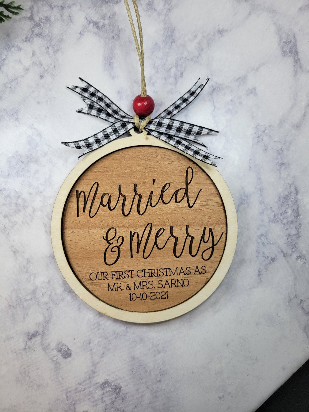 All Wood Wedding Gift First Christmas/ Engagement Gift Ornament/ Mr. & Mrs. Married & Merry