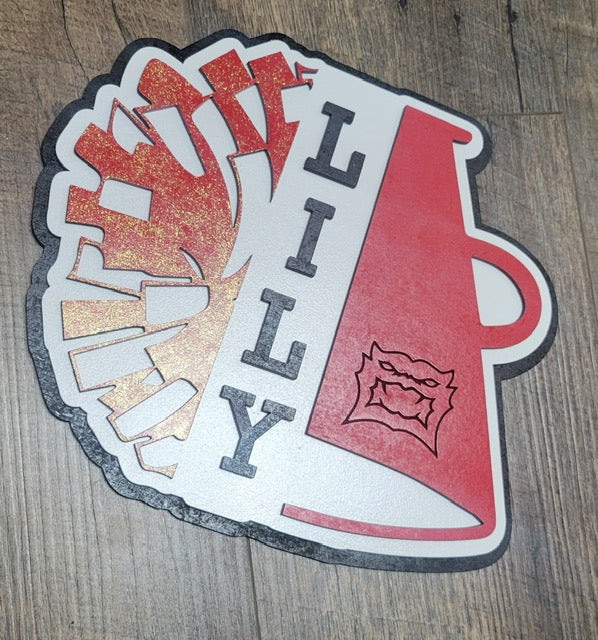 Cheerleading Megaphone Sign Hanger Shelf Sitting Cheer Name