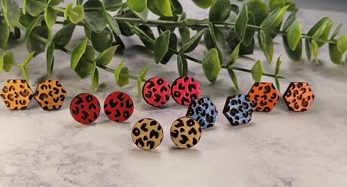 Wood Leopard Print Engraved Earrings