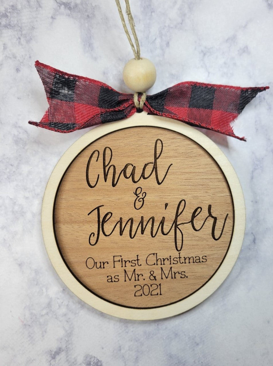 All Wood Wedding Gift First Christmas/ Engagement Gift Ornament/ Mr. & Mrs. Married & Merry