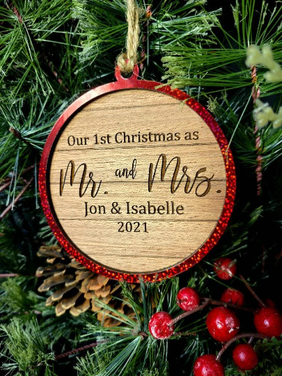 All Wood Wedding Gift First Christmas/ Engagement Gift Ornament/ Mr. & Mrs. Married & Merry