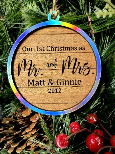 All Wood Wedding Gift First Christmas/ Engagement Gift Ornament/ Mr. & Mrs. Married & Merry