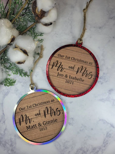 All Wood Wedding Gift First Christmas/ Engagement Gift Ornament/ Mr. & Mrs. Married & Merry